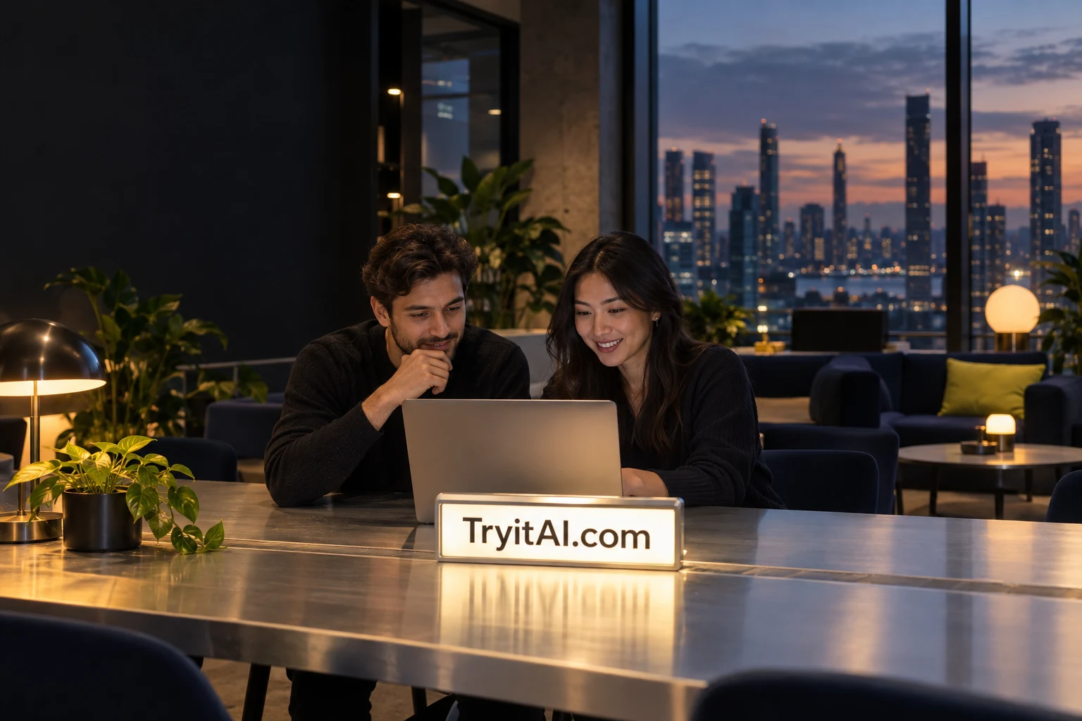 Two people explore AI software on a laptop beside an illuminated TryitAI.com sign.